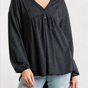 Umgee Babydoll Top M Charcoal Confetti Puff Sleeve Textured Tunic Blouse NWT